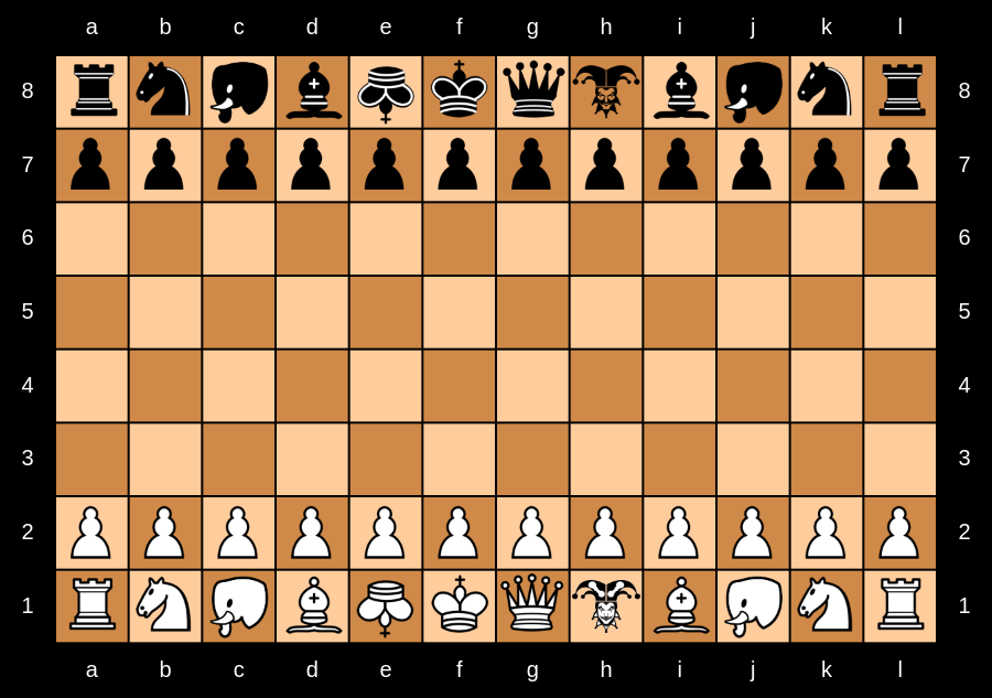 A Courier Chess set in the initial starting array before the joy leaps move sequence.