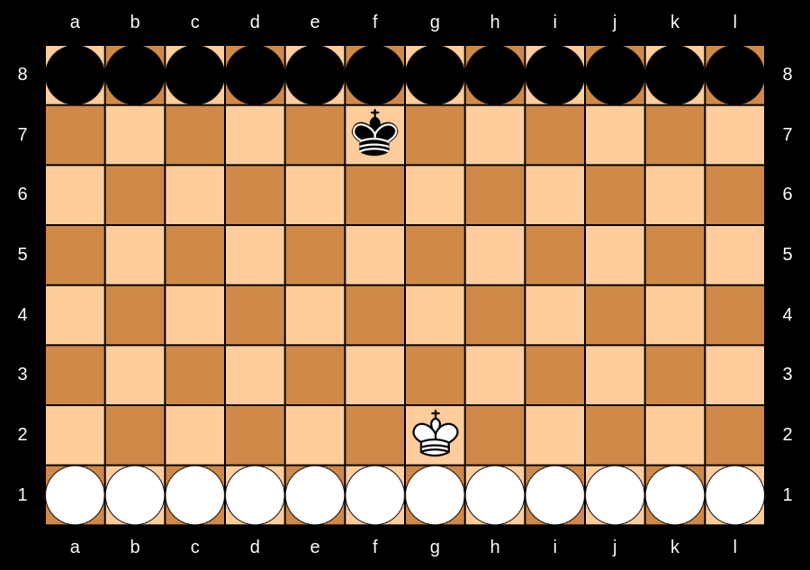 A Latrunculi set in the initial starting array on an 8x12 board.