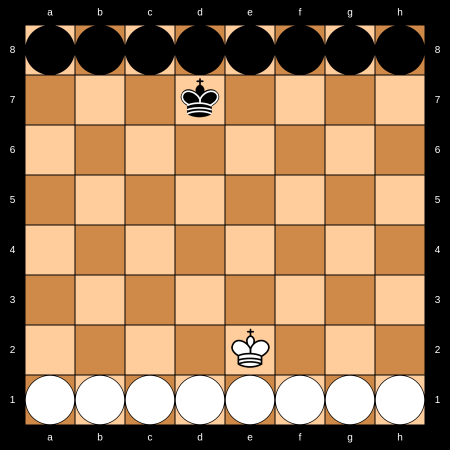 A Latrunculi set in the initial starting array on an 8x8 board.