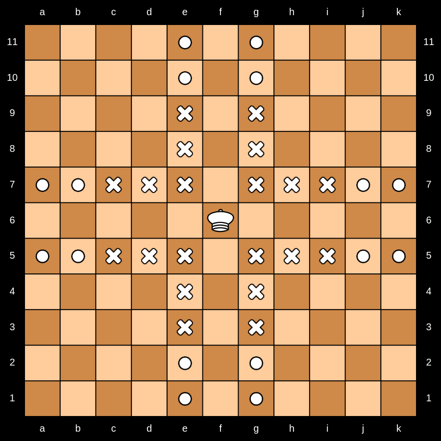 A Turkish Great Chess Grand Vizier that moves 1 square diagonally then at least 3 squares orthogonally. It can be blocked if there is a piece in the way of its mandatory travel squares.