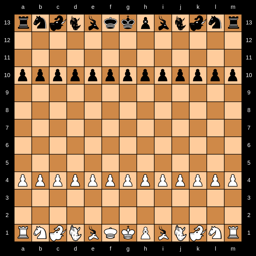 A Turkish Great Chess set in starting array on a 13x13 board.